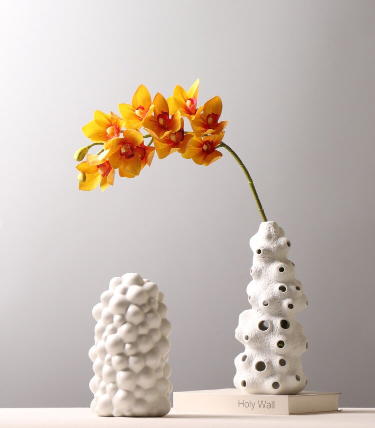 Ceramic Handicraft Ornaments Coral White Ceramic Vase Hollow Flower Vase Abstract Irregular Bump Furnishings Flower Arrangement