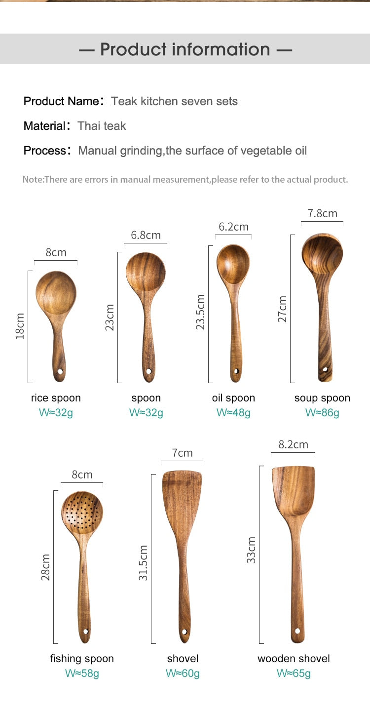 Natural Wood Kitchen Tool Set: Spoon, Ladle, Turner, Rice Colander, Soup Skimmer, Cooking Spoons