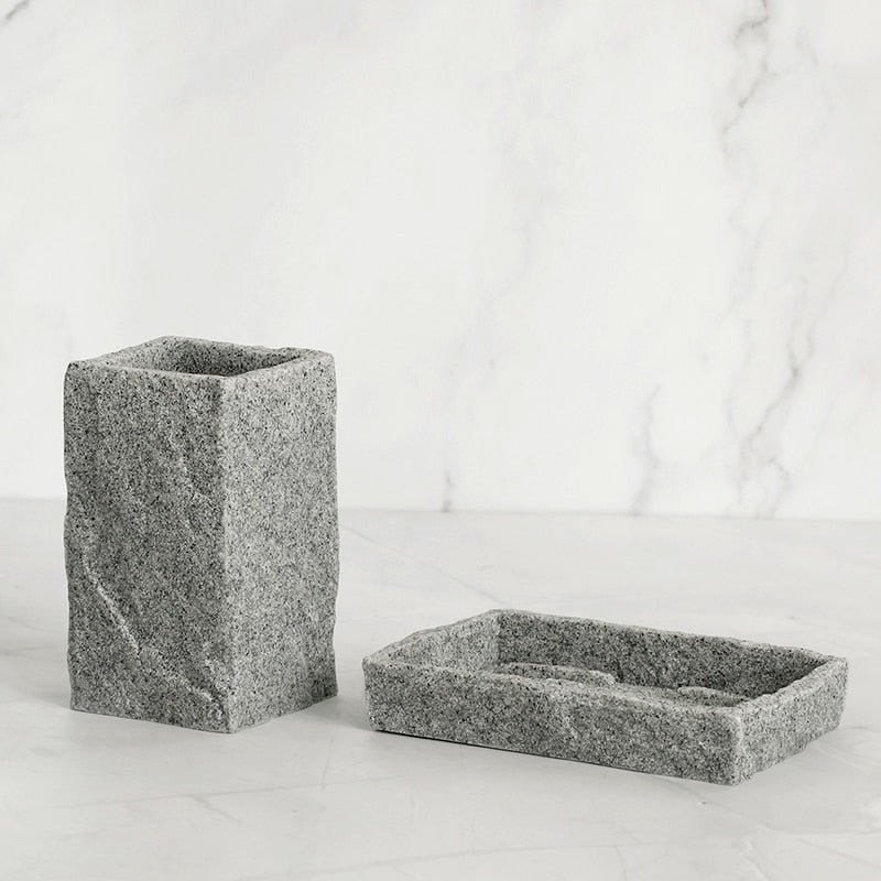 Bathroom Accessories Set: Imitation Granite | Soap Dispenser, Toothbrush Holder, Cup, Soap Dish, Toilet Brush Holder