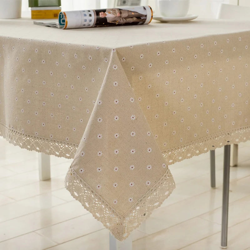 Floral Cotton-Linen Tablecloth with Lace Trim - image 1