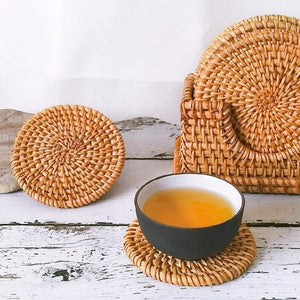 Natural Rattan Cup Mat: Hand Woven Insulation Placemats | Kitchen Decor