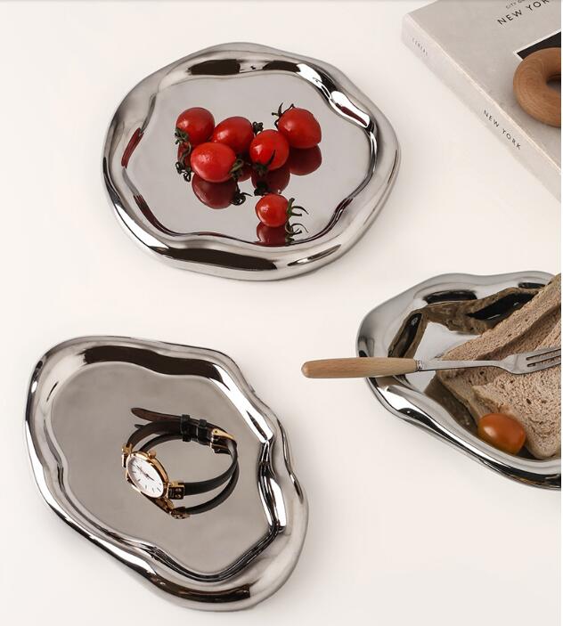 Modern Ceramic Silver Plated Plate Desktop Decoration Creative Art Ink Dot Storage Tray Kitchen Living Room Decoration Plate