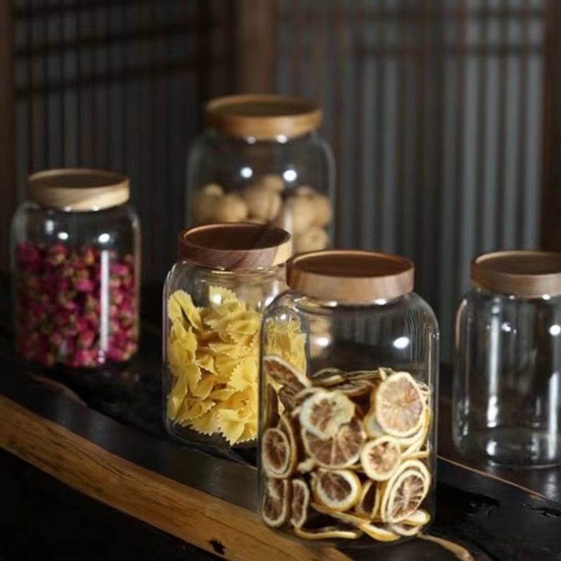 1200-3000 ML Large Capacity Glass Sealed Jar Lid Sealed Storage Wood Cover Coffee Bean Storage Jar Organizer Kitchen Containers