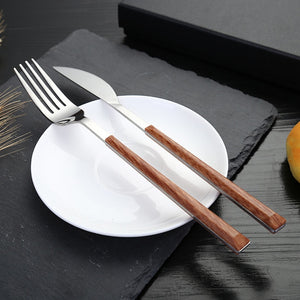 16pcs Stainless Steel Imitation Wooden Handle Cutlery Set Dinnerware Clamp Western Tableware Knife Fork Tea Spoon Silverware