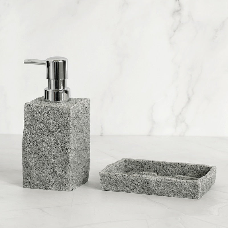 Bathroom Accessories Set: Imitation Granite | Soap Dispenser, Toothbrush Holder, Cup, Soap Dish, Toilet Brush Holder