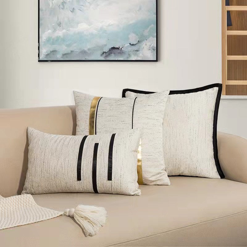 Ivory Cushion Cover: Black Stripe Jacquard | Home Decoration for Sofa, Bed, Couch | Living Room, Bedroom