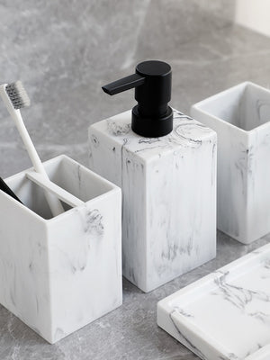 Bathroom Accessories Set: Marble Pattern | Soap Dispenser, Toothbrush Holder, Tumbler | Resin Material