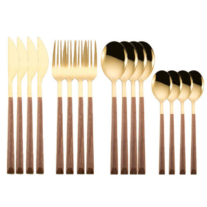 16pcs Stainless Steel Imitation Wooden Handle Cutlery Set Dinnerware Clamp Western Tableware Knife Fork Tea Spoon Silverware