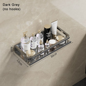 Gun Grey Aluminum Shelf: Multi-Purpose Bathroom and Kitchen Storage Rack with Towel Bar, Shelves, Hook, and Shampoo Holder