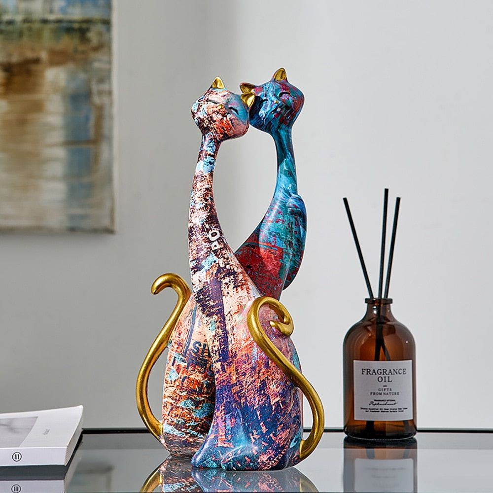 European Style 2pcs Oil Painting Cat Statues Animal Modern Sculpture Room Decoration Accessories Sculptures for Home Design Gift