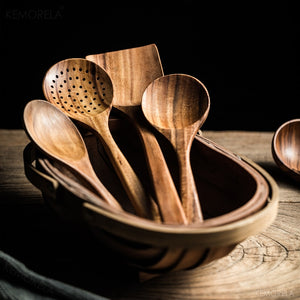 Natural Wood Kitchen Tool Set: Spoon, Ladle, Turner, Rice Colander, Soup Skimmer, Cooking Spoons