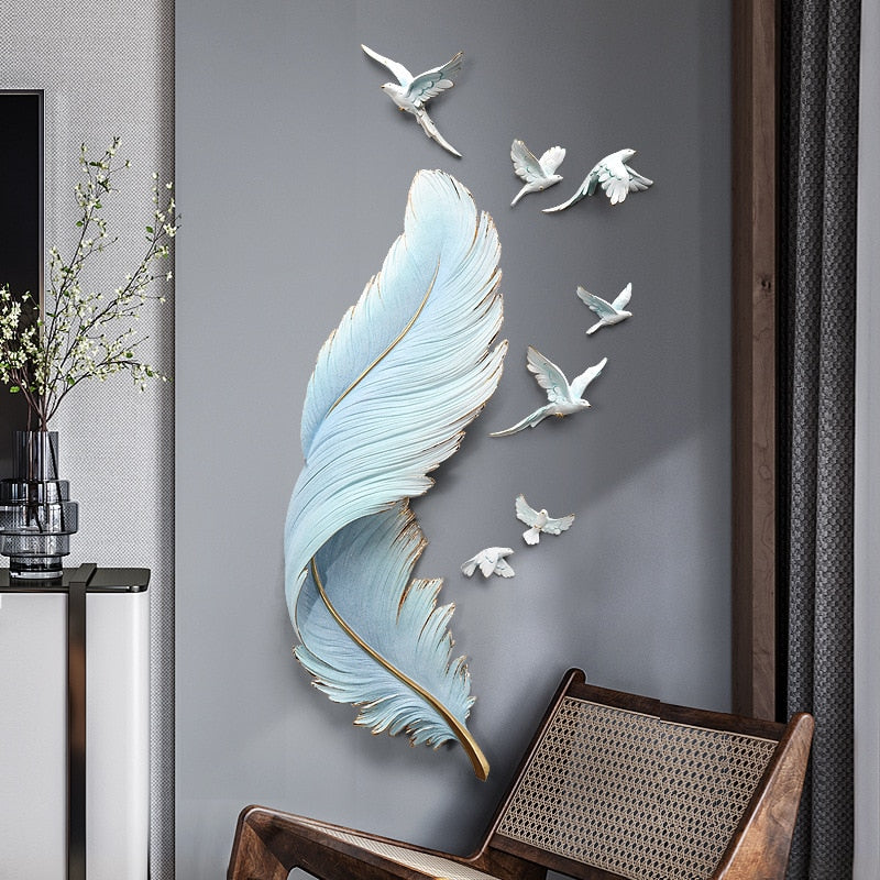 Modern minimalist living room sofa background wall decoration porch light luxury feather wall hanging