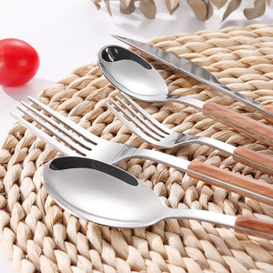 16pcs Stainless Steel Imitation Wooden Handle Cutlery Set Dinnerware Clamp Western Tableware Knife Fork Tea Spoon Silverware