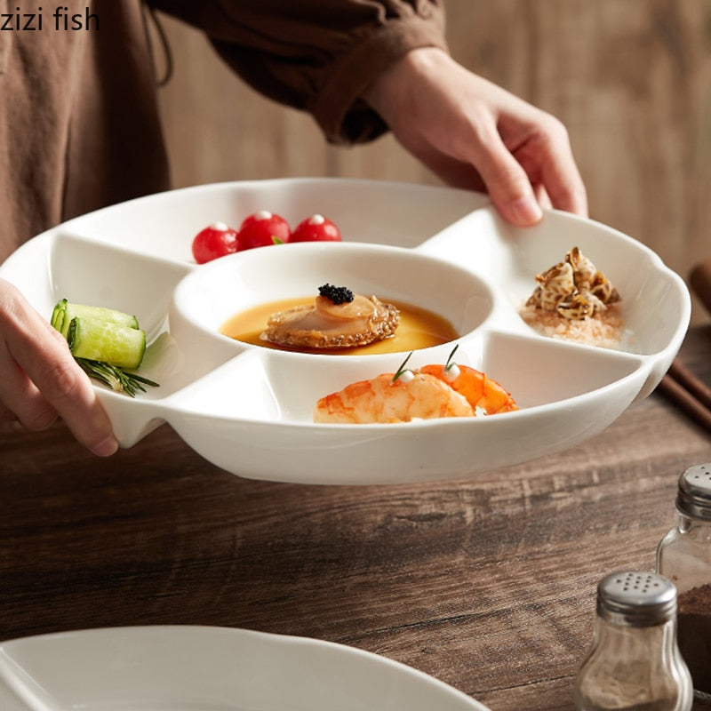 Creative Ceramic Snack Platter Round Five Grid Fruit Tray Sashimi Sushi Plate Kitchen Solid Color Tableware Snack Dessert Plate