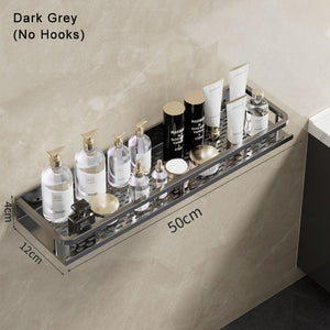 Gun Grey Aluminum Shelf: Multi-Purpose Bathroom and Kitchen Storage Rack with Towel Bar, Shelves, Hook, and Shampoo Holder