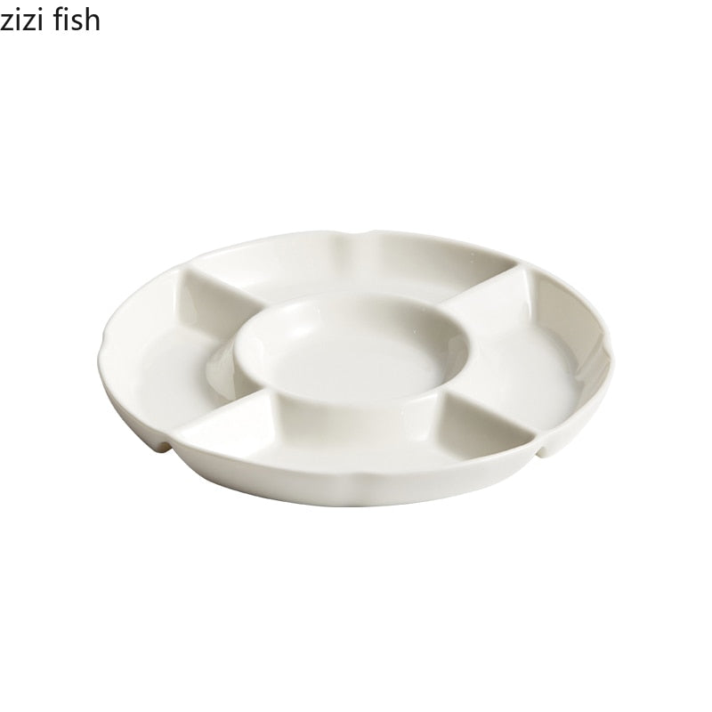 Creative Ceramic Snack Platter Round Five Grid Fruit Tray Sashimi Sushi Plate Kitchen Solid Color Tableware Snack Dessert Plate