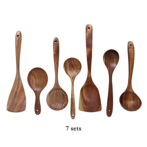 Natural Wood Kitchen Tool Set: Spoon, Ladle, Turner, Rice Colander, Soup Skimmer, Cooking Spoons