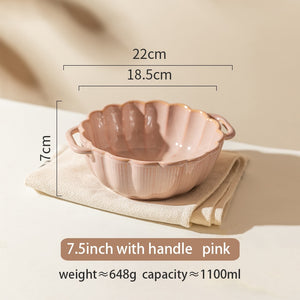 Retro Ceramic Noodle Bowl with Handle: Microwave Oven Safe, Salad Soup Pasta Bowl, Kitchen Tableware, Round Bakeware Pan