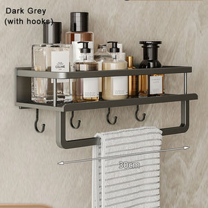 Gun Grey Aluminum Shelf: Multi-Purpose Bathroom and Kitchen Storage Rack with Towel Bar, Shelves, Hook, and Shampoo Holder