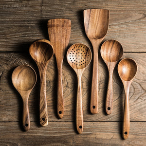 Natural Wood Kitchen Tool Set: Spoon, Ladle, Turner, Rice Colander, Soup Skimmer, Cooking Spoons