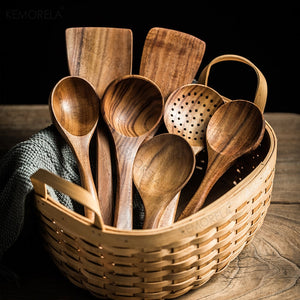 Natural Wood Kitchen Tool Set: Spoon, Ladle, Turner, Rice Colander, Soup Skimmer, Cooking Spoons