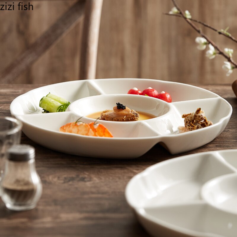 Creative Ceramic Snack Platter Round Five Grid Fruit Tray Sashimi Sushi Plate Kitchen Solid Color Tableware Snack Dessert Plate