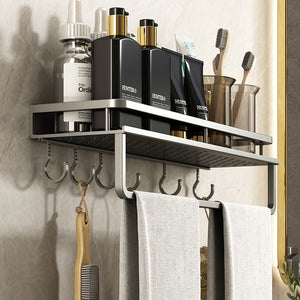 Gun Grey Aluminum Shelf: Multi-Purpose Bathroom and Kitchen Storage Rack with Towel Bar, Shelves, Hook, and Shampoo Holder