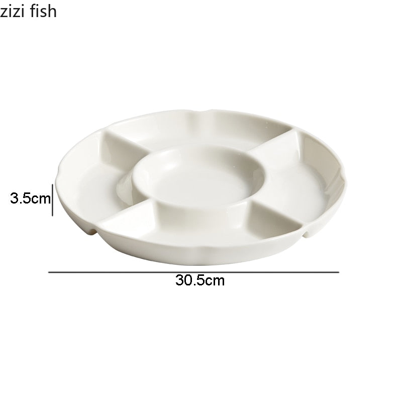 Creative Ceramic Snack Platter Round Five Grid Fruit Tray Sashimi Sushi Plate Kitchen Solid Color Tableware Snack Dessert Plate