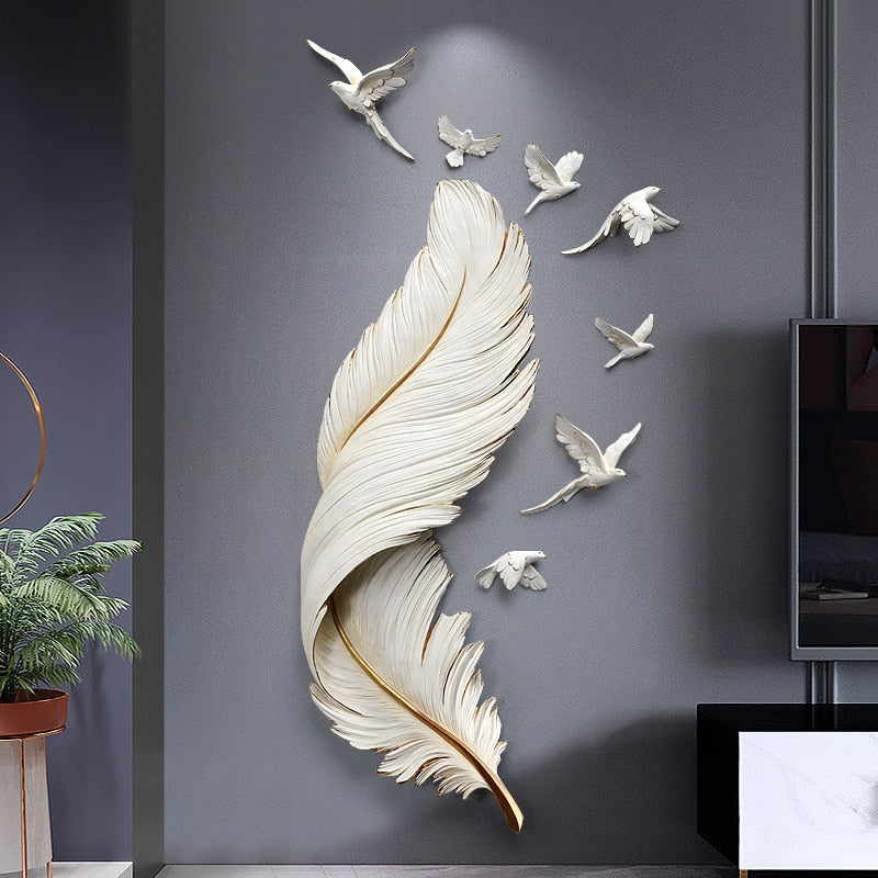 Modern minimalist living room sofa background wall decoration porch light luxury feather wall hanging