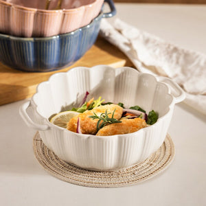 Retro Ceramic Noodle Bowl with Handle: Microwave Oven Safe, Salad Soup Pasta Bowl, Kitchen Tableware, Round Bakeware Pan