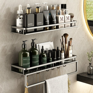 Gun Grey Aluminum Shelf: Multi-Purpose Bathroom and Kitchen Storage Rack with Towel Bar, Shelves, Hook, and Shampoo Holder