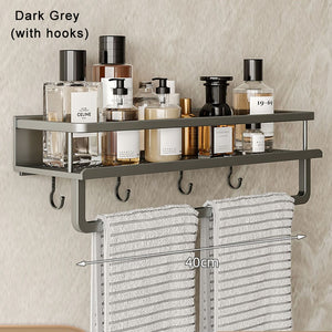 Gun Grey Aluminum Shelf: Multi-Purpose Bathroom and Kitchen Storage Rack with Towel Bar, Shelves, Hook, and Shampoo Holder