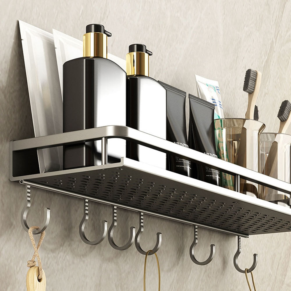 Gun Grey Aluminum Shelf: Multi-Purpose Bathroom and Kitchen Storage Rack with Towel Bar, Shelves, Hook, and Shampoo Holder