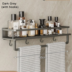 Gun Grey Aluminum Shelf: Multi-Purpose Bathroom and Kitchen Storage Rack with Towel Bar, Shelves, Hook, and Shampoo Holder