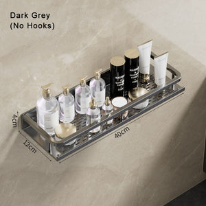 Gun Grey Aluminum Shelf: Multi-Purpose Bathroom and Kitchen Storage Rack with Towel Bar, Shelves, Hook, and Shampoo Holder