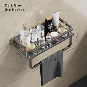 Gun Grey Aluminum Shelf: Multi-Purpose Bathroom and Kitchen Storage Rack with Towel Bar, Shelves, Hook, and Shampoo Holder