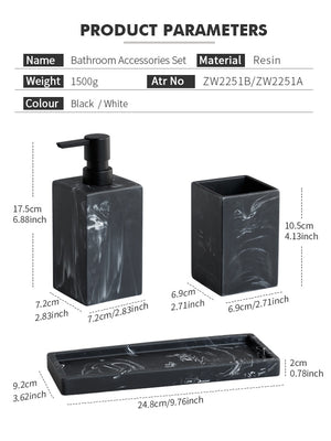 Bathroom Accessories Set: Marble Pattern | Soap Dispenser, Toothbrush Holder, Tumbler | Resin Material