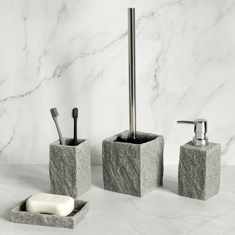 Bathroom Accessories Set: Imitation Granite | Soap Dispenser, Toothbrush Holder, Cup, Soap Dish, Toilet Brush Holder