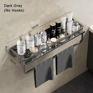 Gun Grey Aluminum Shelf: Multi-Purpose Bathroom and Kitchen Storage Rack with Towel Bar, Shelves, Hook, and Shampoo Holder