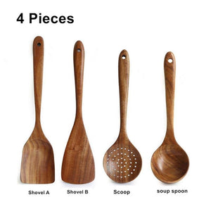 Natural Wood Kitchen Tool Set: Spoon, Ladle, Turner, Rice Colander, Soup Skimmer, Cooking Spoons