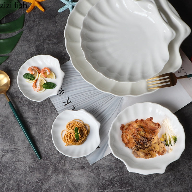 Creative Shell Shaped Ceramic Dinner Dish Household Tableware Snack Dessert Tray Hotel Restaurant Creative Tableware Pasta Plate