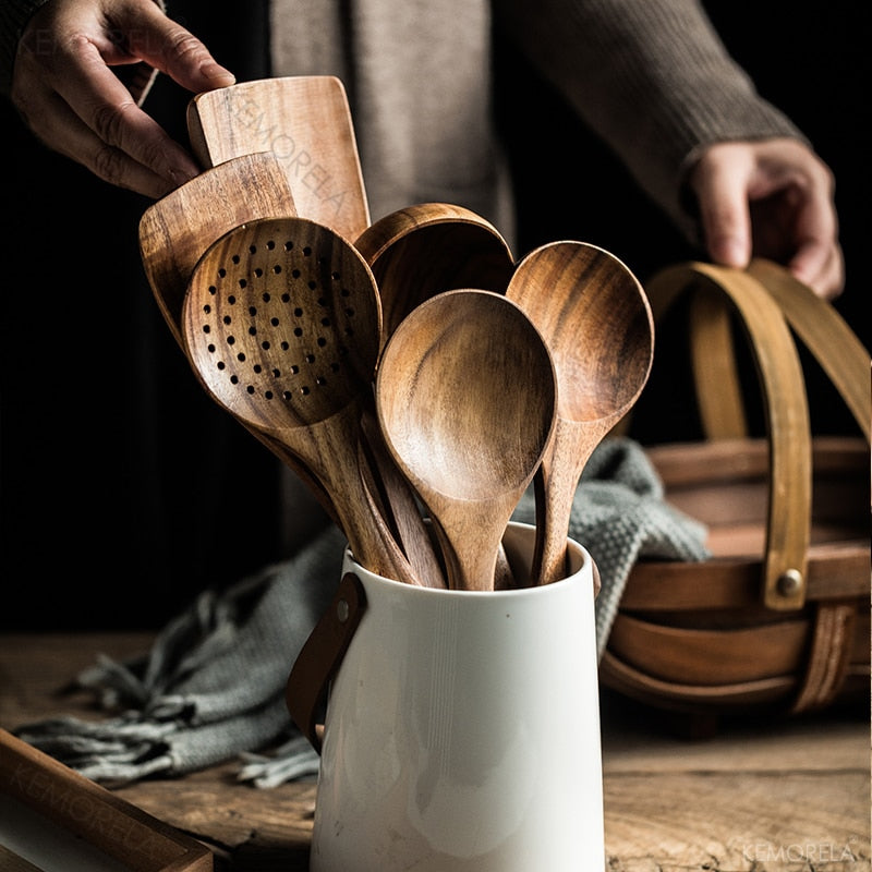 Natural Wood Kitchen Tool Set: Spoon, Ladle, Turner, Rice Colander, Soup Skimmer, Cooking Spoons