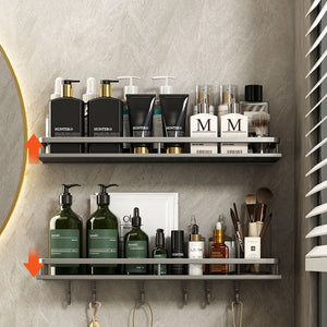 Gun Grey Aluminum Shelf: Multi-Purpose Bathroom and Kitchen Storage Rack with Towel Bar, Shelves, Hook, and Shampoo Holder