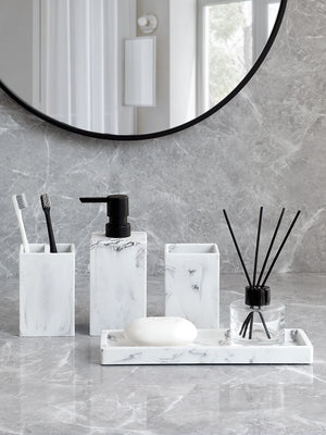 Bathroom Accessories Set: Marble Pattern | Soap Dispenser, Toothbrush Holder, Tumbler | Resin Material