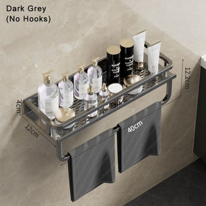 Gun Grey Aluminum Shelf: Multi-Purpose Bathroom and Kitchen Storage Rack with Towel Bar, Shelves, Hook, and Shampoo Holder