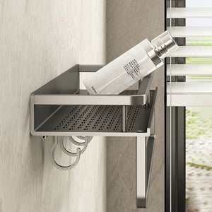 Gun Grey Aluminum Shelf: Multi-Purpose Bathroom and Kitchen Storage Rack with Towel Bar, Shelves, Hook, and Shampoo Holder