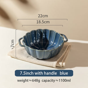 Retro Ceramic Noodle Bowl with Handle: Microwave Oven Safe, Salad Soup Pasta Bowl, Kitchen Tableware, Round Bakeware Pan