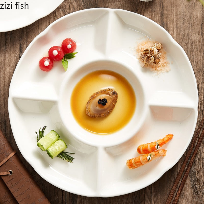 Creative Ceramic Snack Platter Round Five Grid Fruit Tray Sashimi Sushi Plate Kitchen Solid Color Tableware Snack Dessert Plate