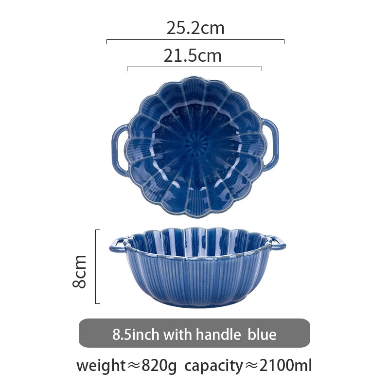 Retro Ceramic Noodle Bowl with Handle: Microwave Oven Safe, Salad Soup Pasta Bowl, Kitchen Tableware, Round Bakeware Pan
