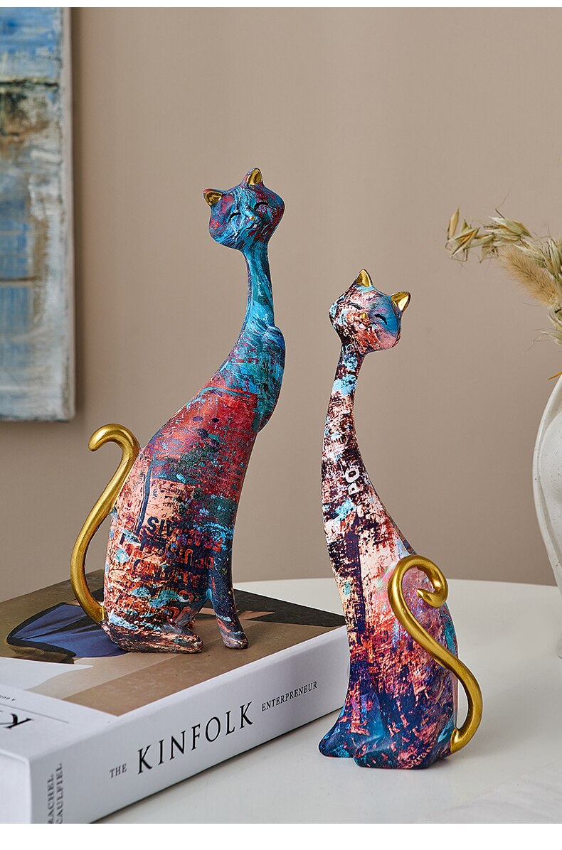 European Style 2pcs Oil Painting Cat Statues Animal Modern Sculpture Room Decoration Accessories Sculptures for Home Design Gift